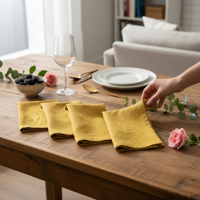 Eight Owls Linen Napkins â€“ 100% French Flax â€“ Stonewashed Pure Linen Cloth Napkins â€“ Mitered Corners â€“ Set of 4 (Mustard) - Image 2